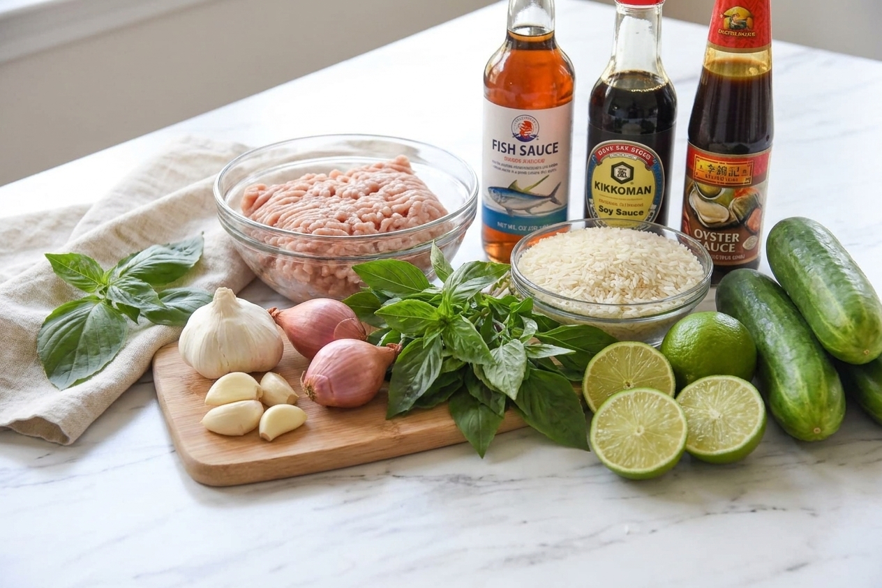 A neat spread of ingredients on a home kitchen counter including ground chicken, garlic, shallots, Thai basil, jasmine rice, fish sauce, soy sauce, oyster sauce, limes, and cucumbers