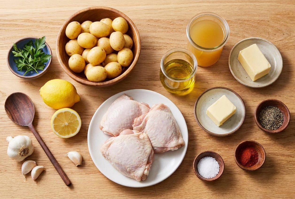 A neat spread of ingredients on a kitchen counter including chicken thighs, baby potatoes, lemons, garlic, olive oil, butter, chicken broth, parsley, salt, pepper, and paprika