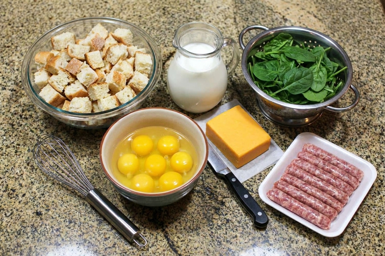 A neat spread of strata ingredients on a kitchen counter including crusty bread cubes, eggs, milk, cheddar, spinach, and breakfast sausage