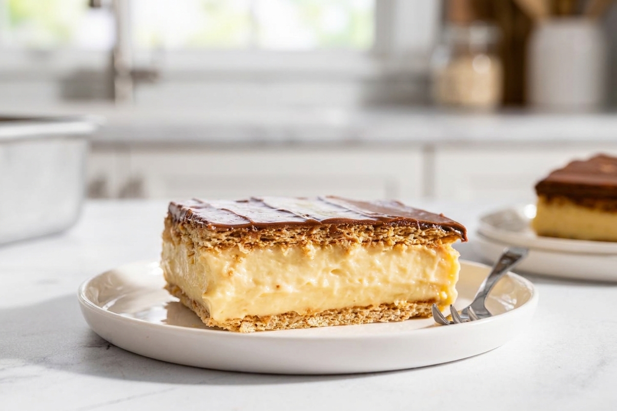 A neat square slice of chocolate eclair cake on a dessert plate, showing soft graham layers and creamy vanilla filling under a smooth chocolate top