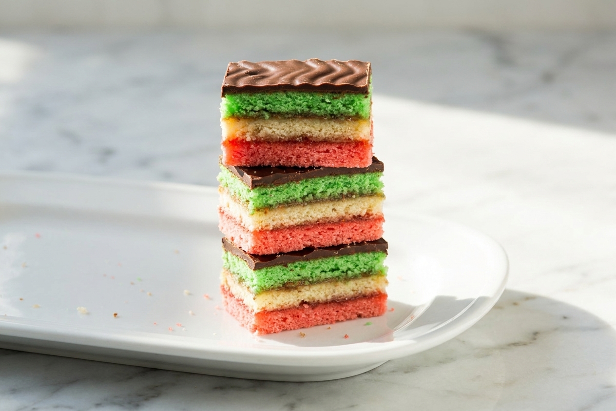 A neat stack of Italian rainbow cookies showing green, white, and red almond cake layers with a thin chocolate top, arranged on a white platter on a sunlit kitchen table