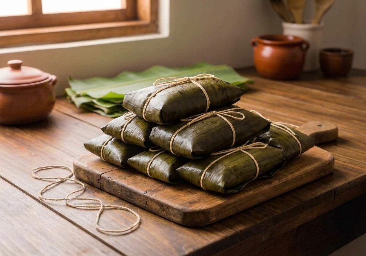 A neat stack of banana leaf wrapped pasteles tied with kitchen twine on a cutting board, ready to freeze