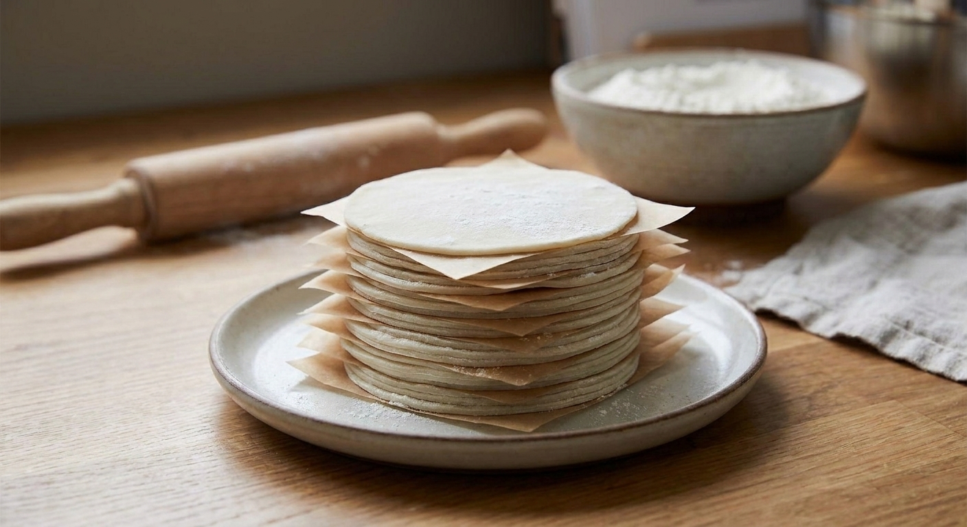 A neat stack of dumpling wrappers separated by parchment paper squares on a plate in a home kitchen