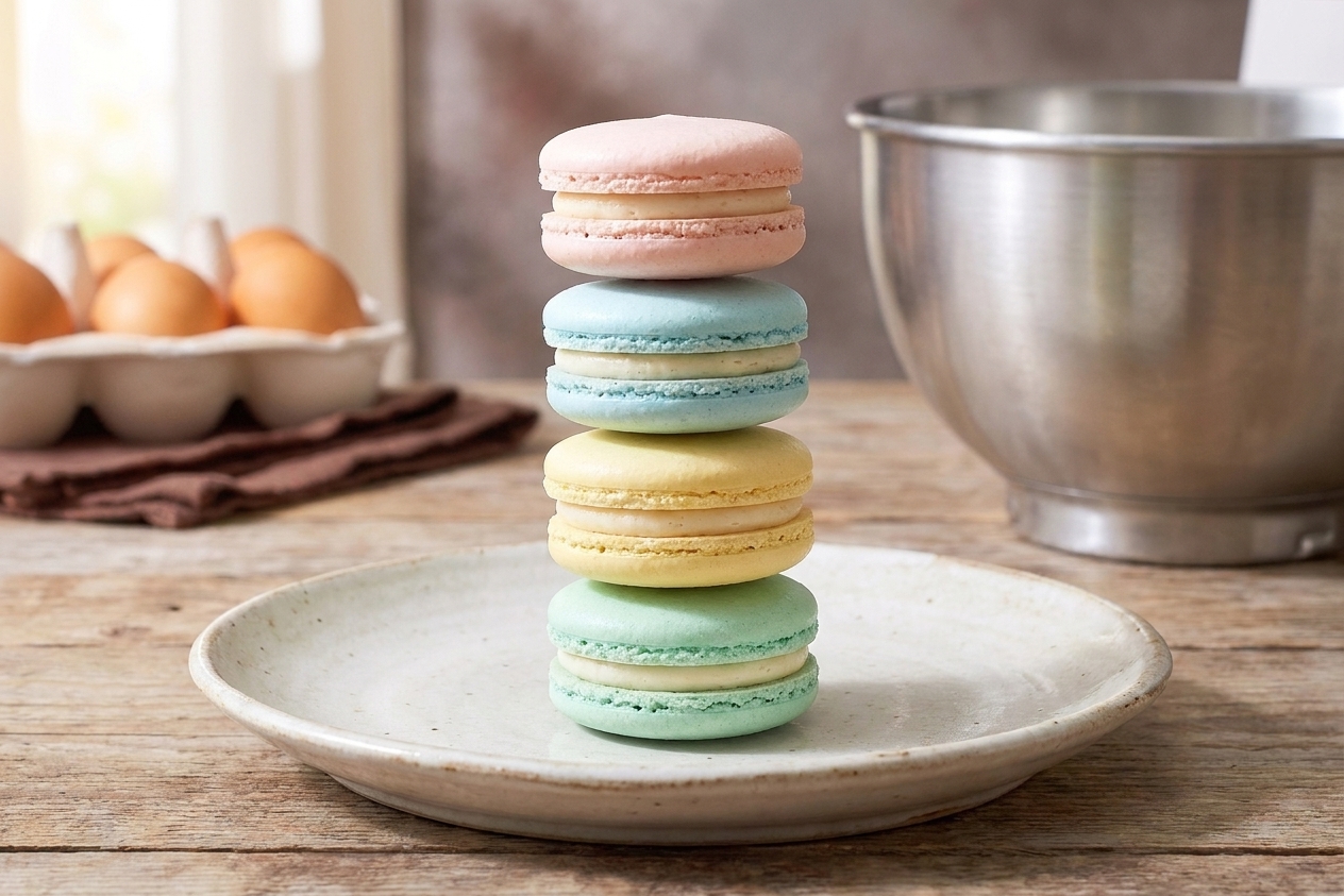 A neat stack of pastel French macarons filled with vanilla buttercream on a ceramic plate on a bright kitchen table