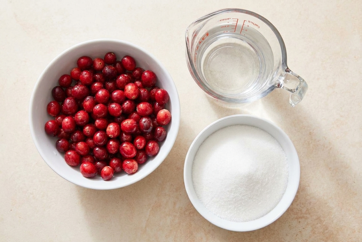 A neatly arranged ingredient setup with fresh cranberries, a bowl of granulated sugar, and a measuring cup of water on a bright kitchen counter