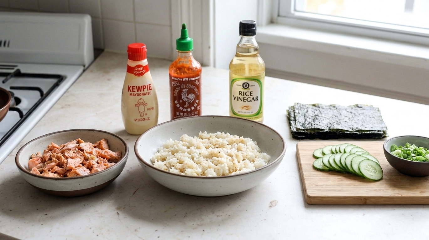 A neatly arranged lineup of sushi bake ingredients on a bright kitchen counter, including cooked salmon, sushi rice, Kewpie mayonnaise, sriracha, rice vinegar, nori sheets, cucumbers, and green onions