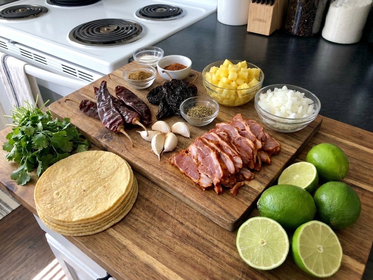 A neatly arranged set of al pastor taco ingredients on a kitchen counter including sliced pork, pineapple, dried chiles, spices, tortillas, cilantro, onion, and limes