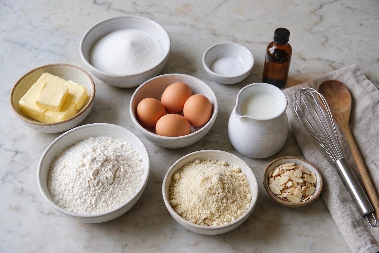 A neatly arranged set of almond cake ingredients on a kitchen counter including butter, sugar, eggs, flour, almond flour, milk, sliced almonds, and almond extract
