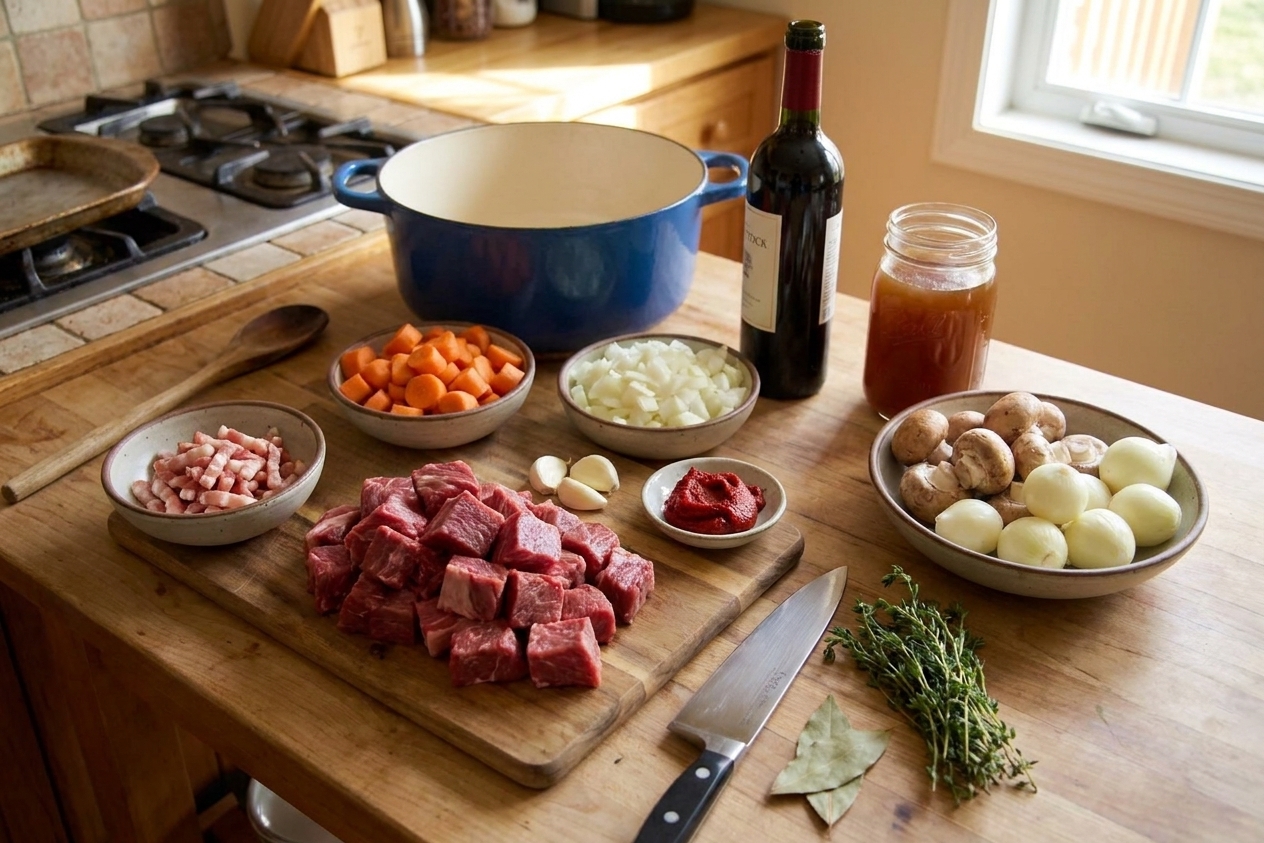 A neatly arranged set of beef bourguignon ingredients on a kitchen counter, including cubed beef chuck, bacon, carrots, onions, garlic, tomato paste, red wine, beef stock, mushrooms, pearl onions, thyme, and bay leaf