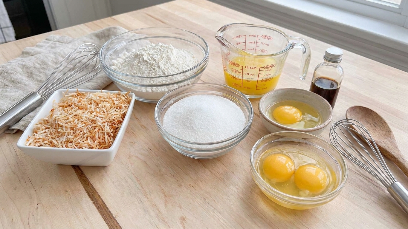 A neatly arranged set of coconut cookie ingredients including shredded coconut, flour, sugar, butter, eggs, and vanilla on a bright kitchen counter