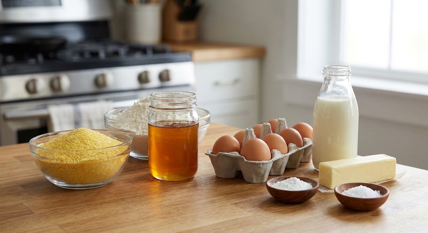 A neatly arranged set of cornbread ingredients including cornmeal, flour, honey, eggs, buttermilk, butter, baking powder, and salt on a clean kitchen counter in consistent warm lighting