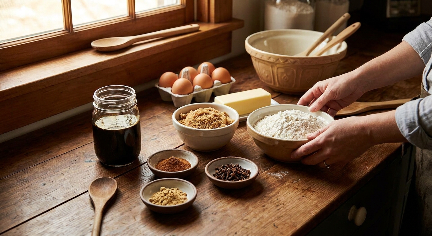 A neatly arranged set of gingerbread cookie ingredients on a kitchen counter, including flour, brown sugar, molasses, butter, eggs, and bowls of ground spices in warm natural light