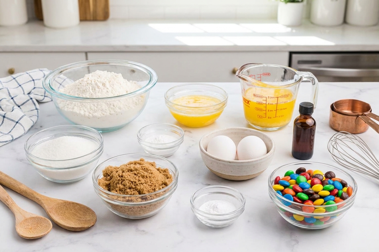 A neatly arranged set of ingredients for M&M cookies on a bright kitchen counter including flour, sugars, melted butter, eggs, vanilla, baking soda, and a bowl of colorful M&Ms