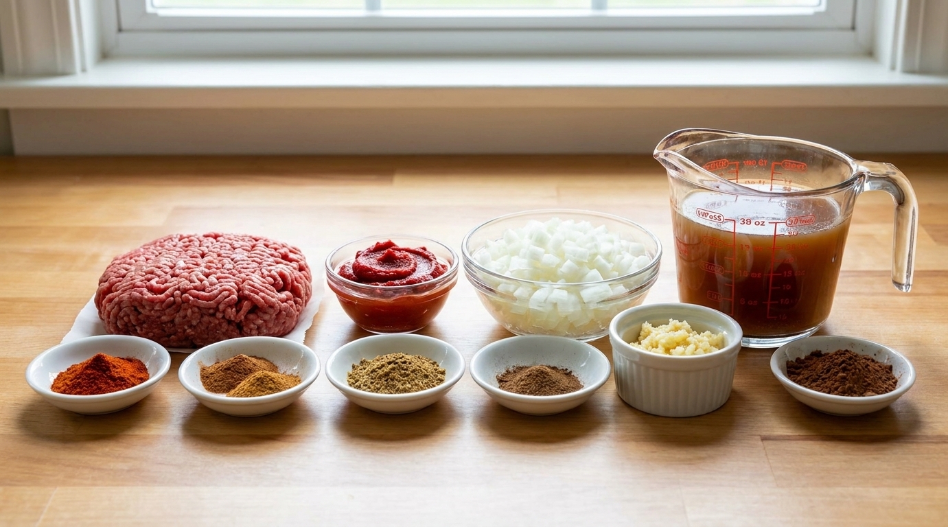 A neatly arranged set of ingredients for Skyline-style chili on a kitchen counter, including ground beef, tomato paste, spices, onion, garlic, broth, and cocoa powder