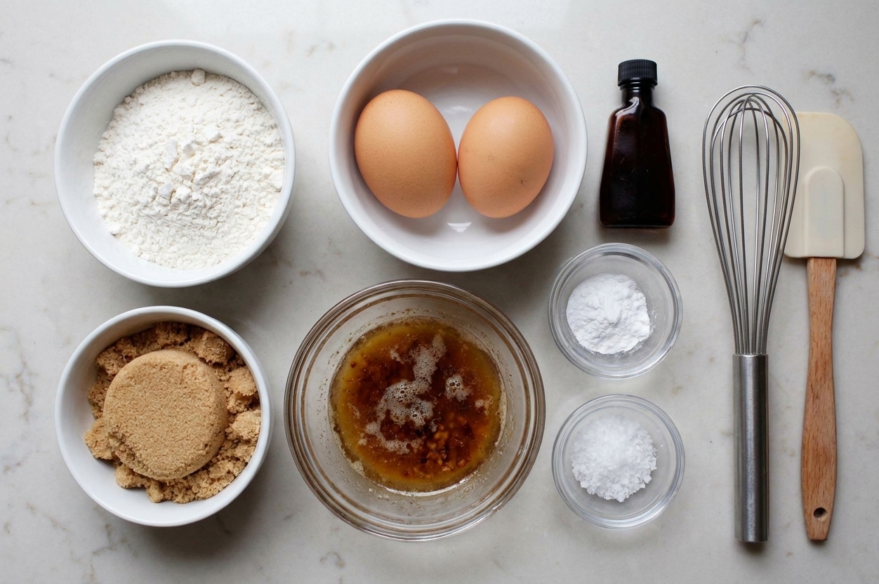 A neatly arranged set of ingredients for blondies including flour, brown sugar, eggs, vanilla, melted brown butter, baking powder, and flaky salt on a light-colored kitchen counter