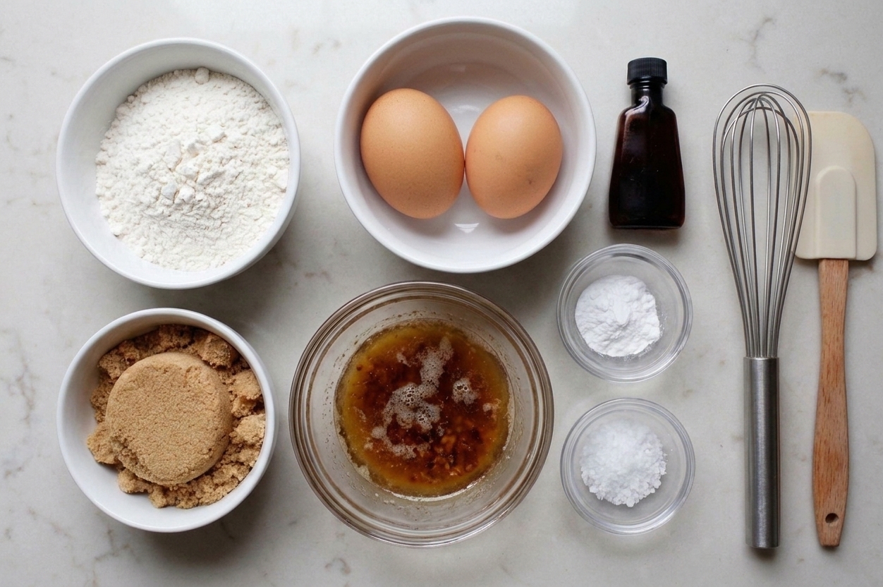 A neatly arranged set of ingredients for blondies including flour, brown sugar, eggs, vanilla, melted brown butter, baking powder, and flaky salt on a light-colored kitchen counter