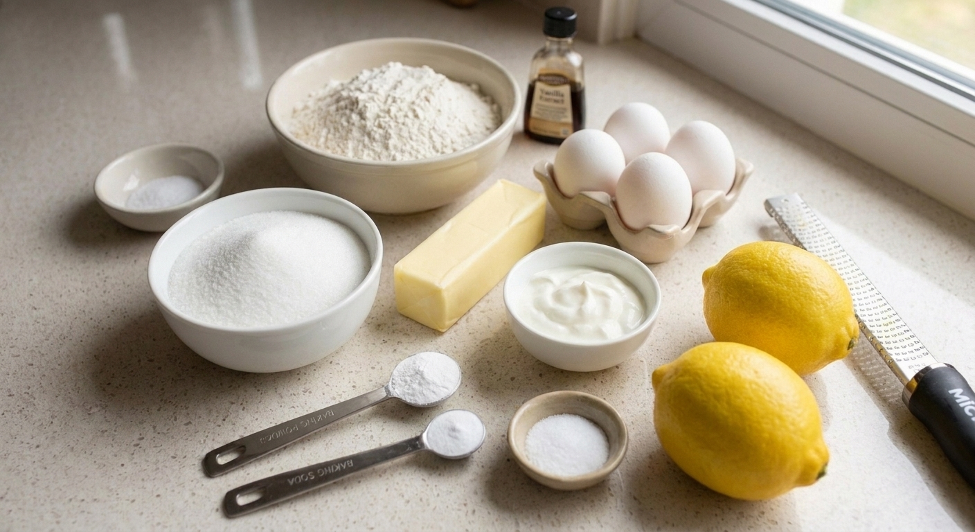 A neatly arranged set of ingredients for lemon Bundt cake on a light stone countertop including flour, sugar, butter, eggs, sour cream, lemons, baking powder, baking soda, salt, and vanilla