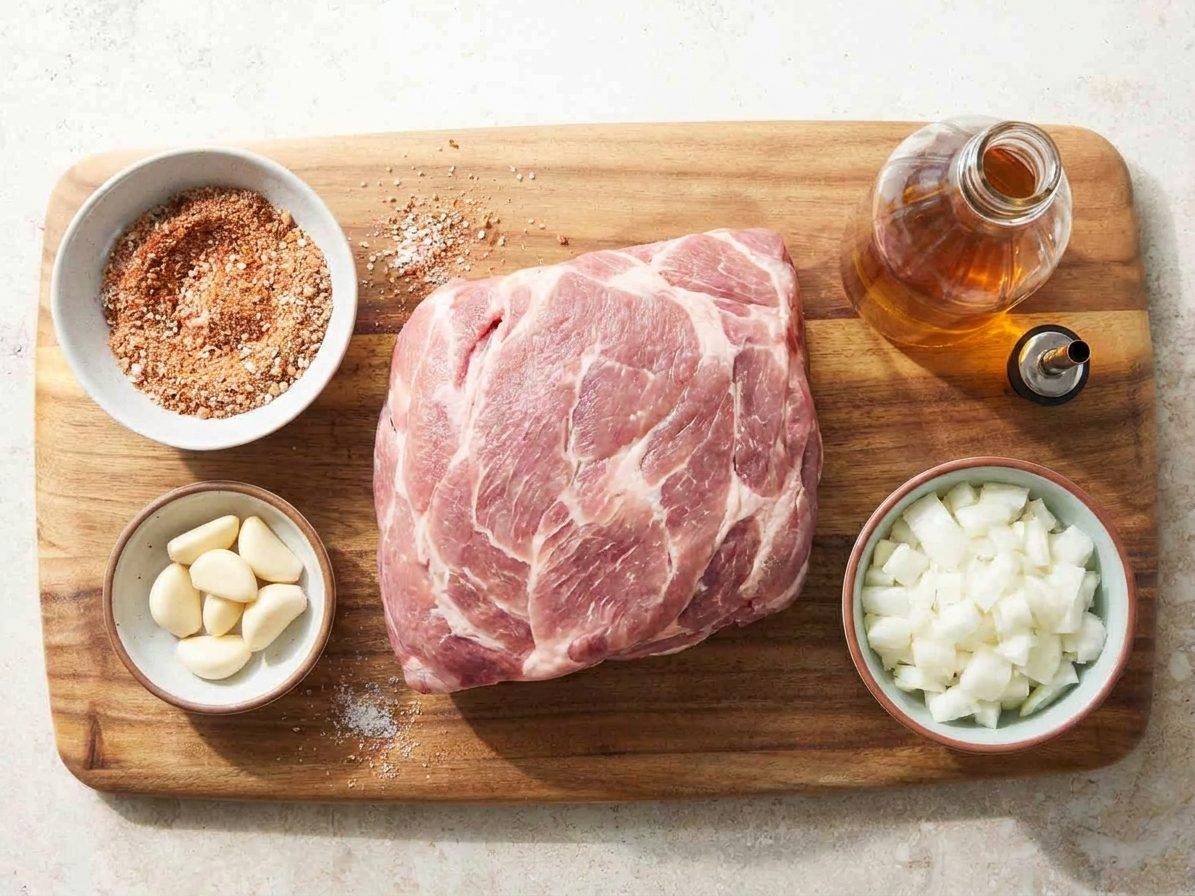 A neatly arranged set of ingredients for pork butt roast, including a pork shoulder, spices in small bowls, onions, garlic, and apple cider vinegar on a wooden counter