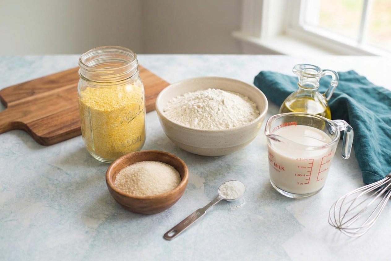 A neatly arranged set of ingredients for vegan cornbread on a light kitchen counter, including cornmeal, flour, sugar, baking powder, plant milk, and oil