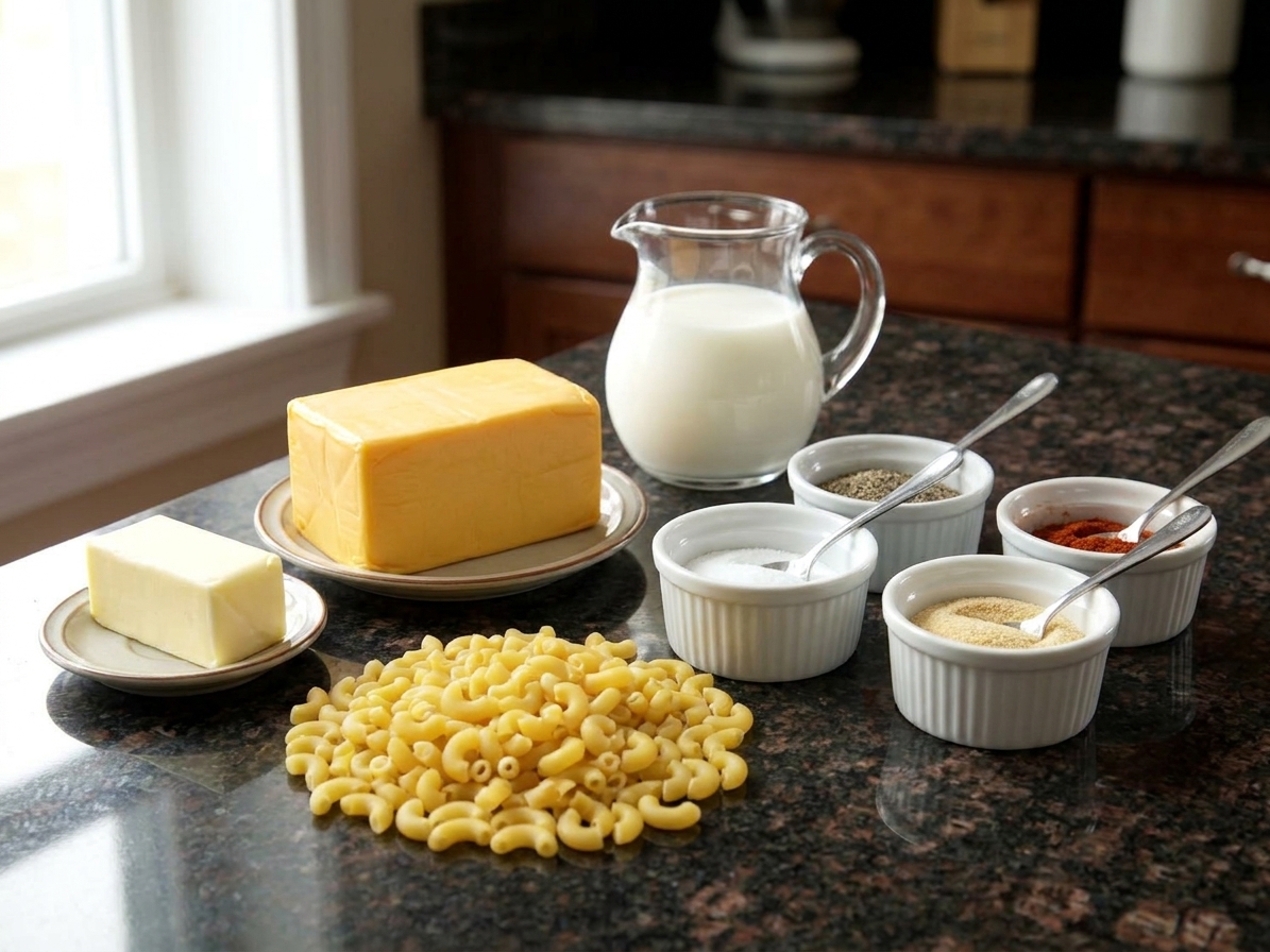 A neatly arranged set of ingredients on a kitchen counter: elbow macaroni, Velveeta cheese block, milk, butter, salt, pepper, paprika, and garlic powder in small bowls