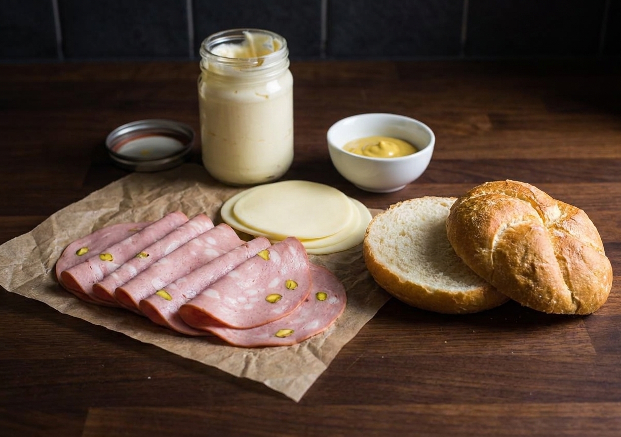 A neatly arranged set of ingredients on a kitchen counter: thinly sliced mortadella on parchment, provolone slices, a split kaiser roll, a jar of mayonnaise, and a small bowl of mustard