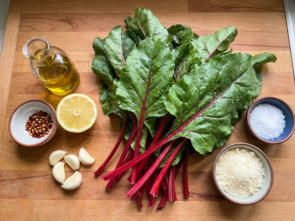 A neatly arranged set of ingredients on a kitchen counter: washed beet greens with red stems, a lemon cut in half, garlic cloves, olive oil, red pepper flakes, salt, and a small bowl of grated Parmesan