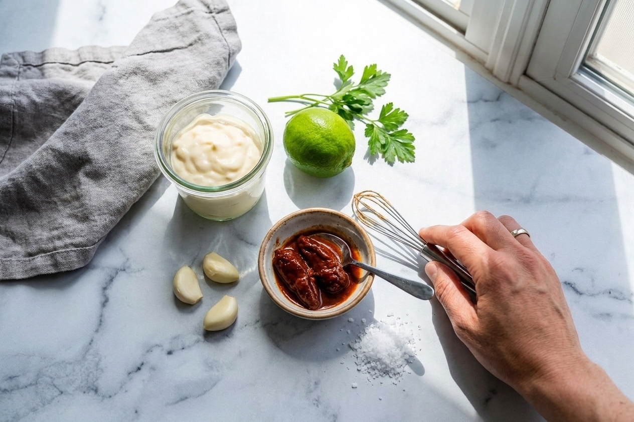A neatly arranged set of ingredients on a kitchen counter including mayonnaise, a lime, garlic cloves, a small bowl of chipotle peppers in adobo, and salt