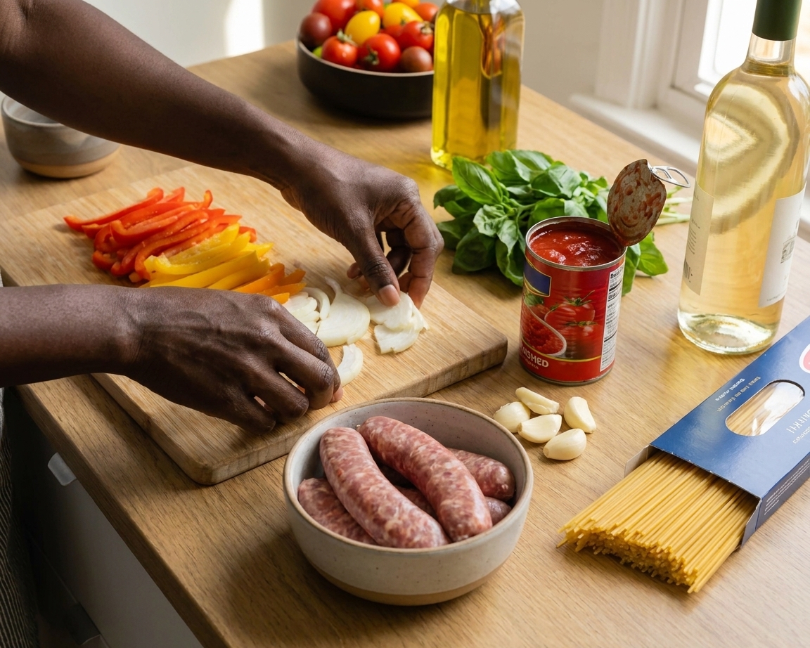 A neatly arranged set of ingredients on a kitchen counter including Italian sausage, bell peppers, onion, garlic, crushed tomatoes, basil, pasta, and a bottle of white wine