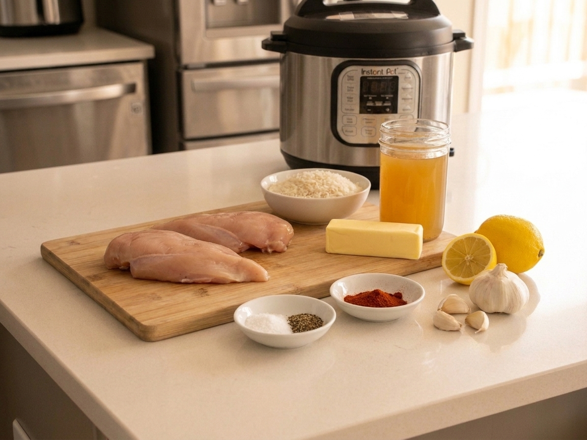 A neatly arranged set of ingredients on a light kitchen counter including jasmine rice, chicken breasts, lemon, garlic, butter, chicken broth, salt, pepper, and paprika