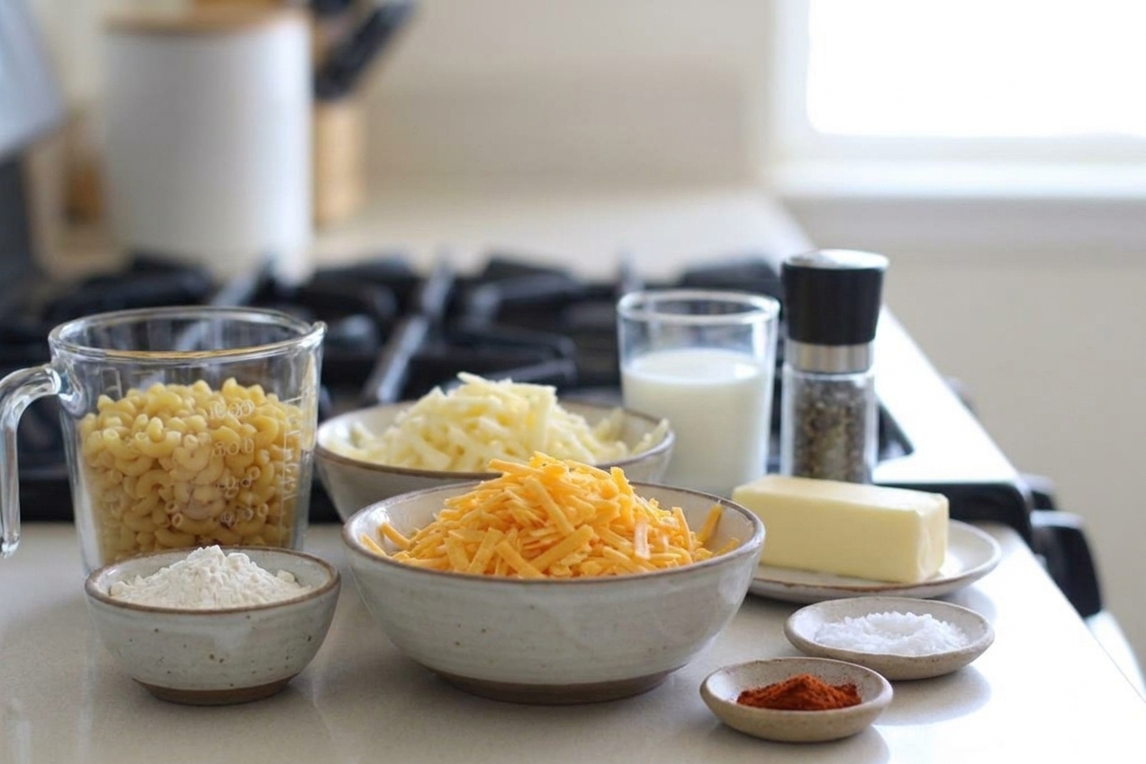 A neatly arranged set of mac and cheese ingredients on a kitchen counter, including dry pasta, grated cheeses, milk, butter, flour, and seasonings in small bowls