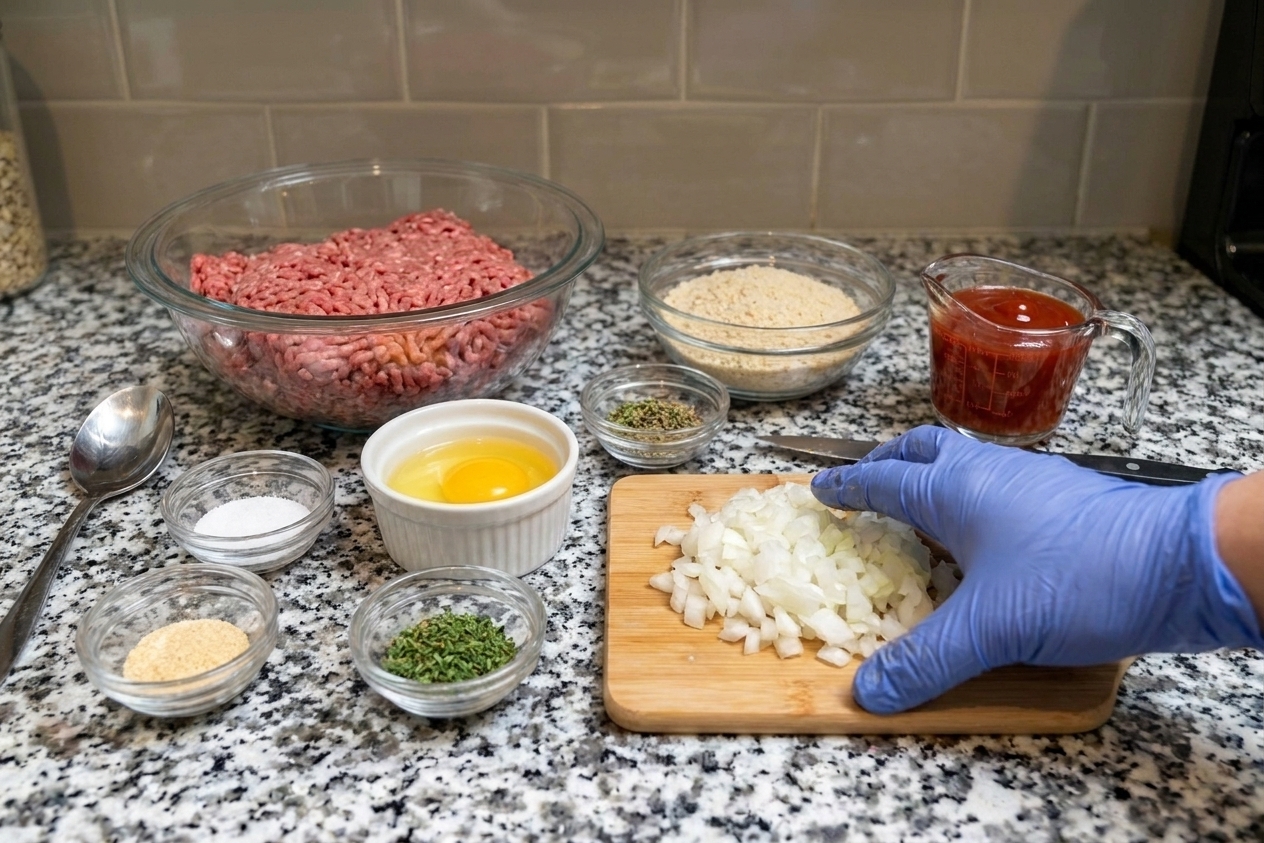 A neatly arranged set of meatloaf ingredients on a light kitchen counter, including ground beef, breadcrumbs, egg, onion, ketchup, and seasonings