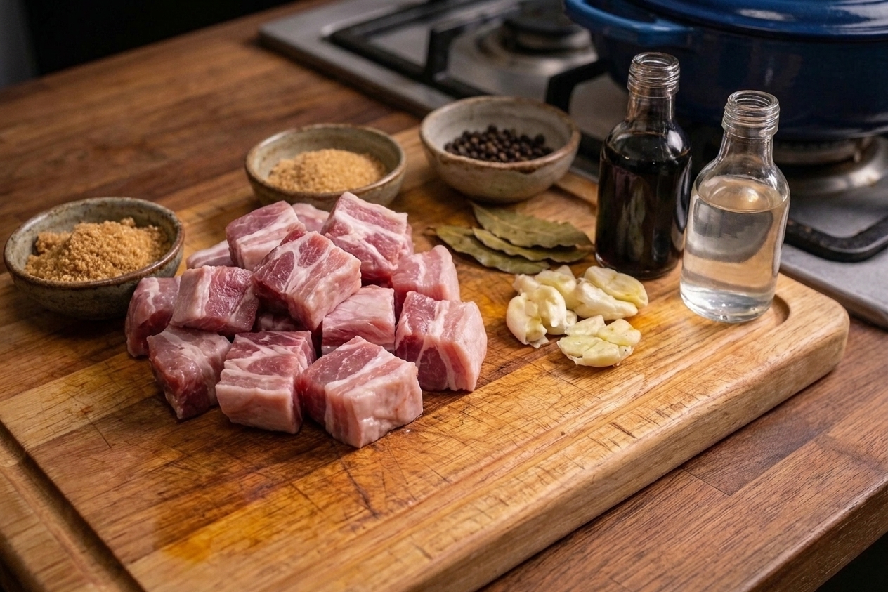A neatly arranged set of pork adobo ingredients on a kitchen counter including pork shoulder chunks, garlic, soy sauce, cane vinegar, bay leaves, whole peppercorns, and a small bowl of brown sugar