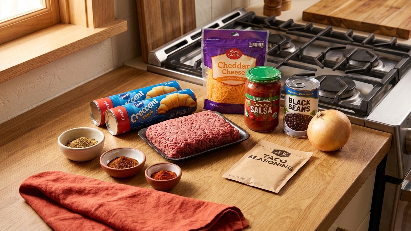 A neatly arranged set of taco ring ingredients on a warm kitchen counter, including crescent roll tubes, ground beef, shredded cheese, salsa, canned black beans, taco seasoning, onion, and small bowls of spices