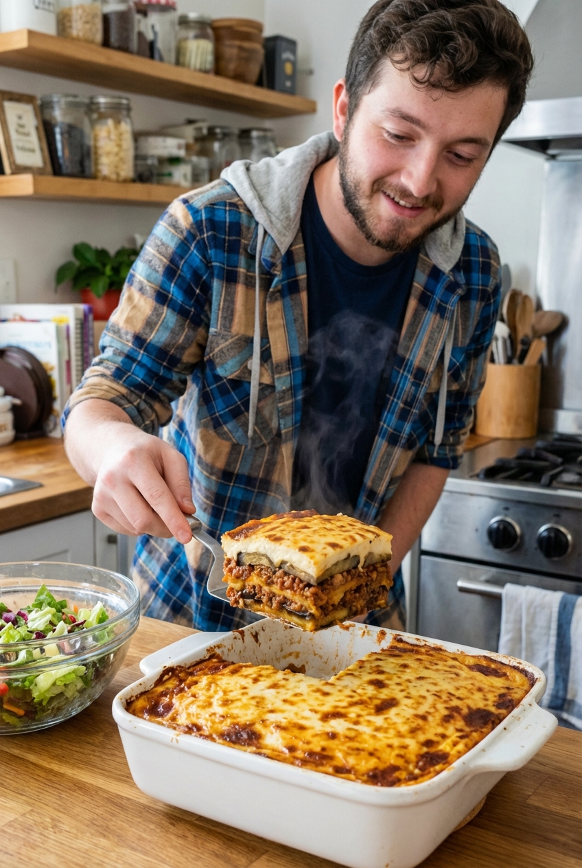 A neatly sliced square of moussaka being lifted from the baking dish with a spatula