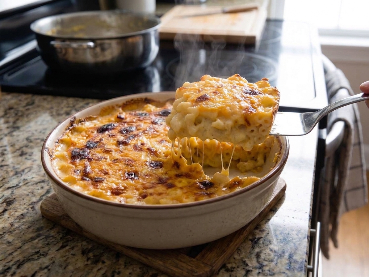 A neatly sliced square portion of baked macaroni and cheese lifted from a casserole dish with a spatula, showing a creamy interior and a browned top