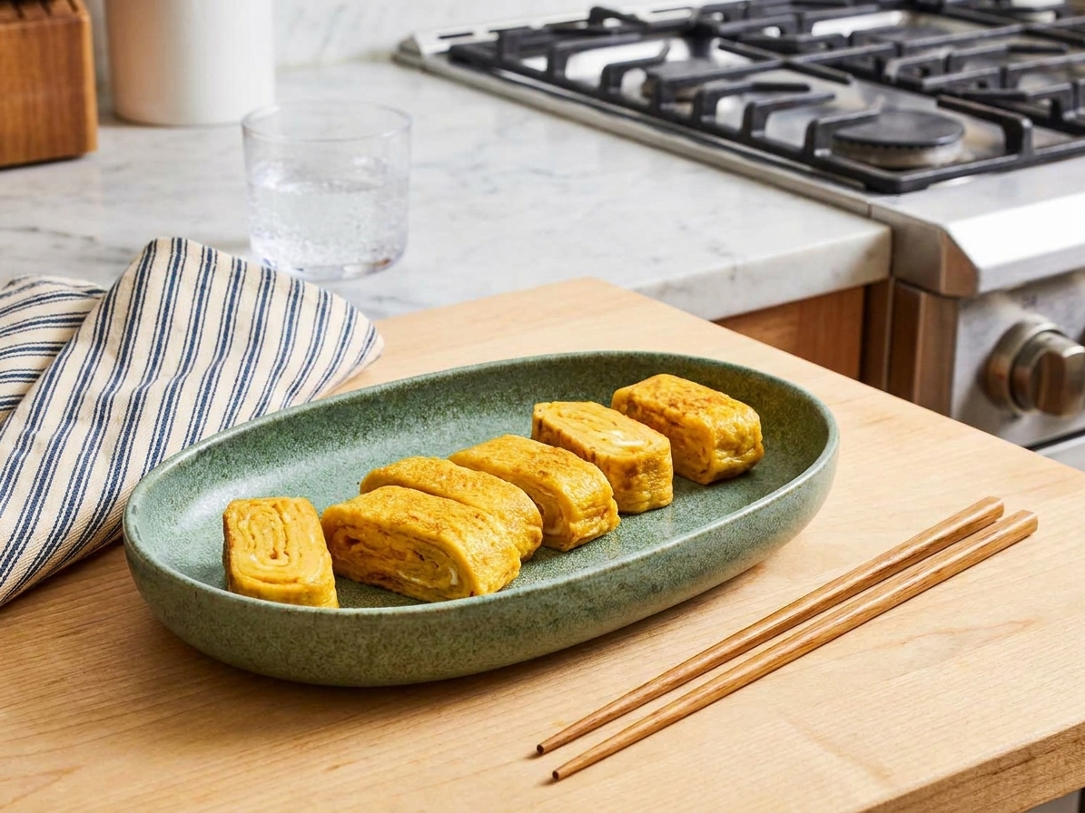 A neatly sliced tamagoyaki rolled omelet arranged on a small ceramic plate with chopsticks on a simple wooden table setting, warm natural kitchen lighting
