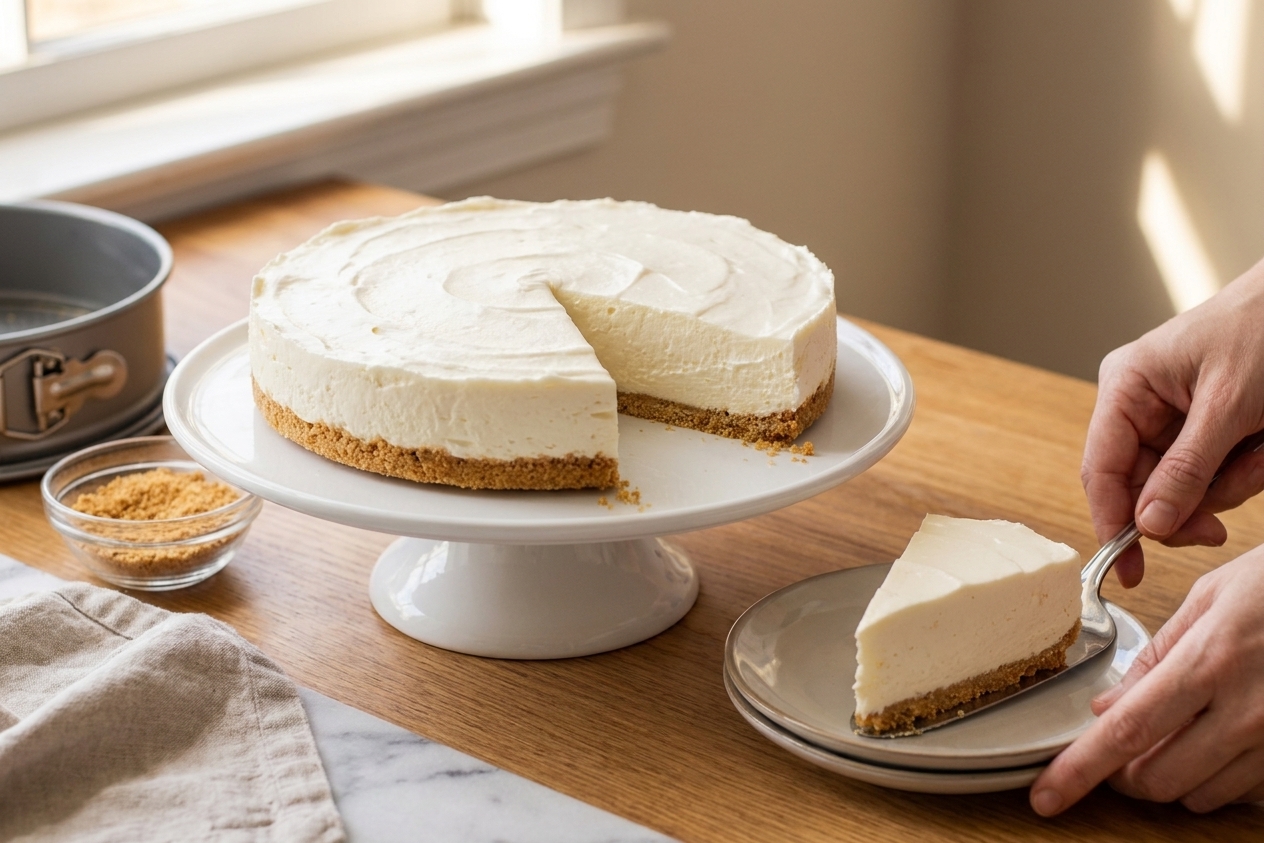 A no-bake cheesecake on a cake stand with a slice removed, showing the creamy filling and graham cracker crust on a warmly lit kitchen table
