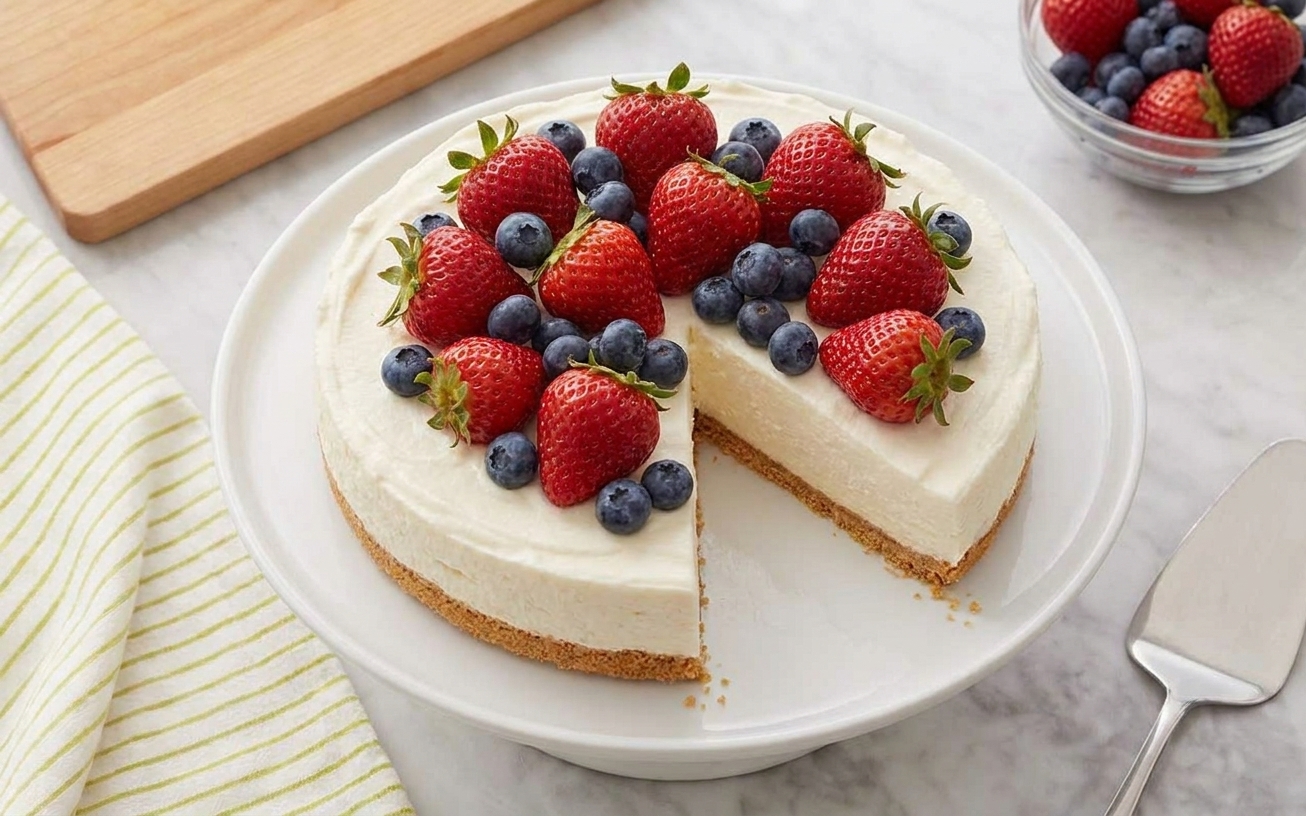 A no-bake cheesecake on a serving plate topped with fresh strawberries and blueberries on a dining table