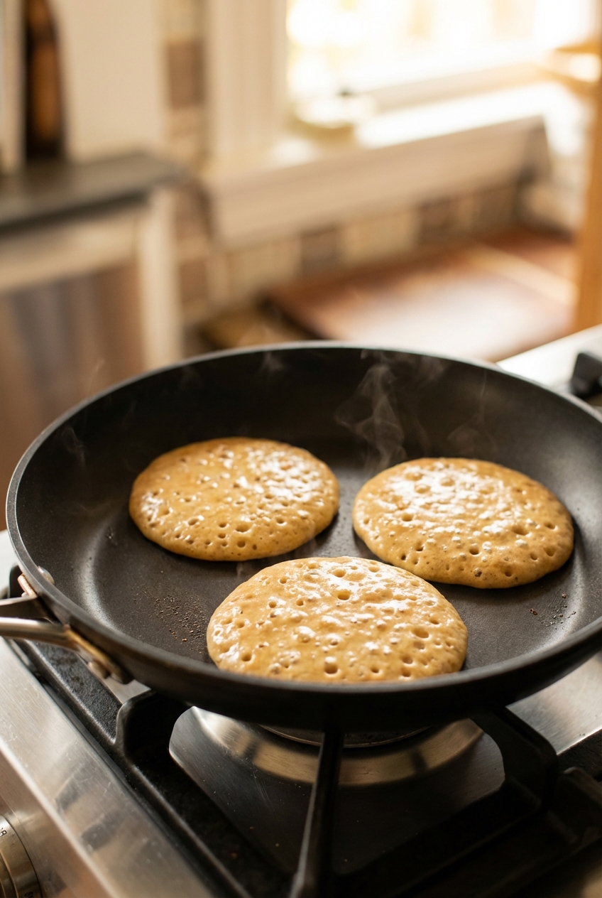A nonstick skillet on a stovetop with pancakes cooking, bubbles visible on the surface as they set