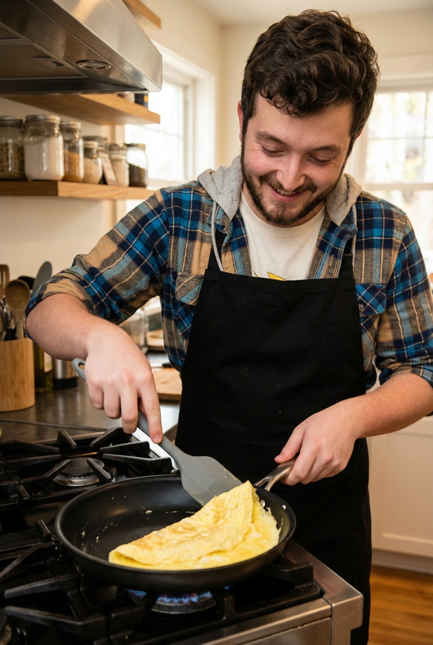 A nonstick skillet on the stove with a pale yellow omelette being folded with a silicone spatula