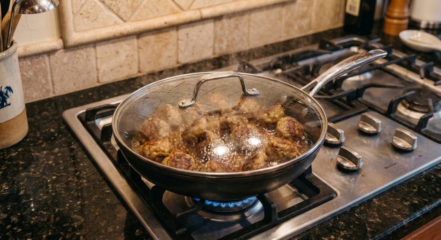 A nonstick skillet with browned-meatballs and a small amount of bubbling liquid, covered with a lid for steaming