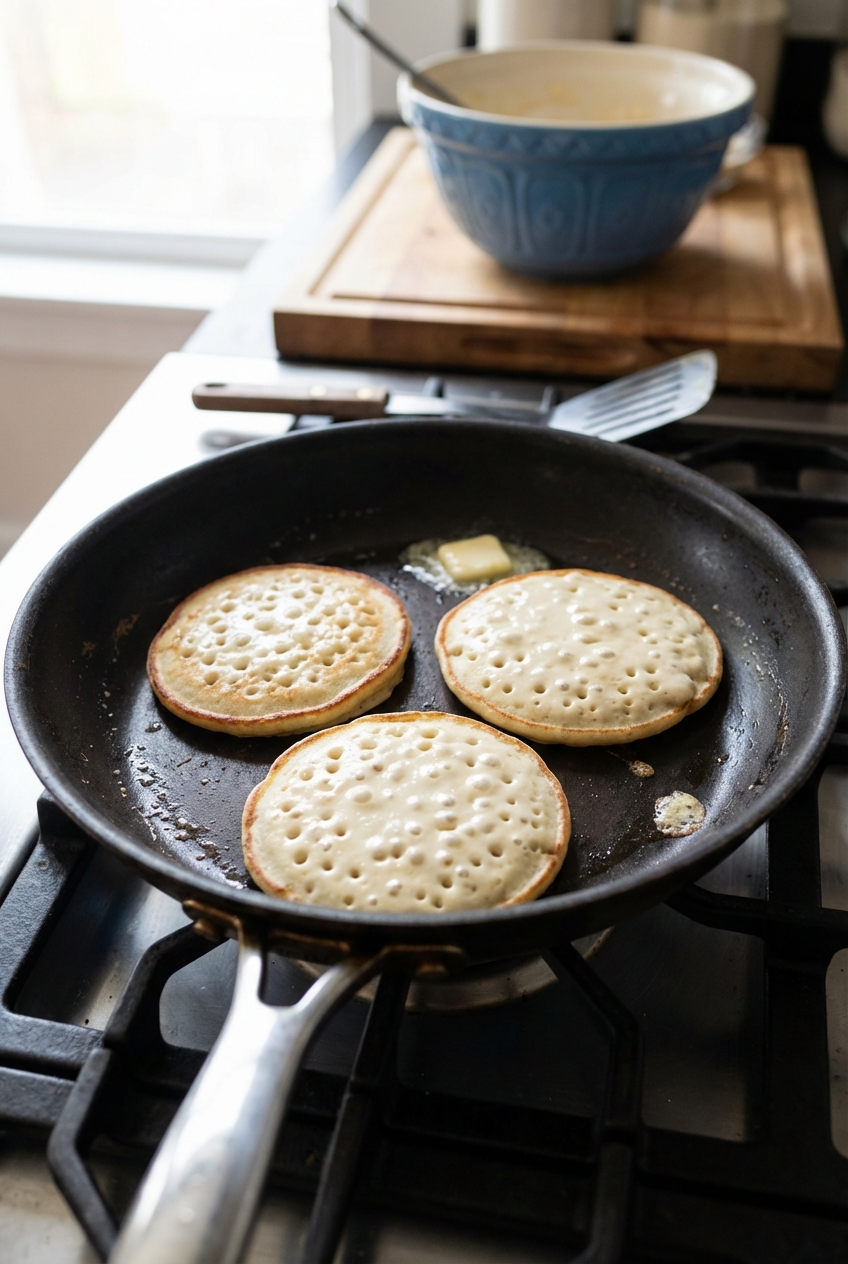 A nonstick skillet with pancakes cooking, bubbles forming on the surface before flipping