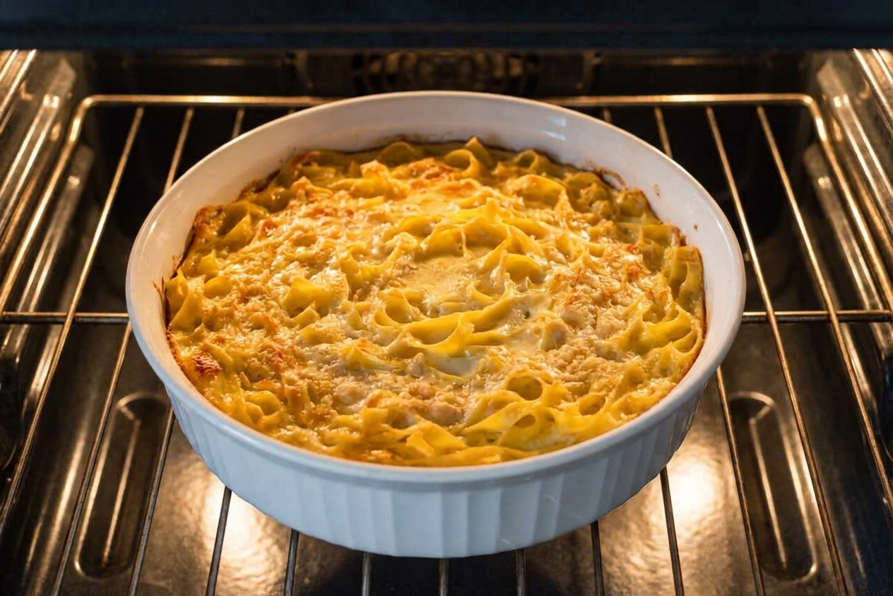 A noodle kugel casserole dish on an oven rack mid-bake with a golden topping forming