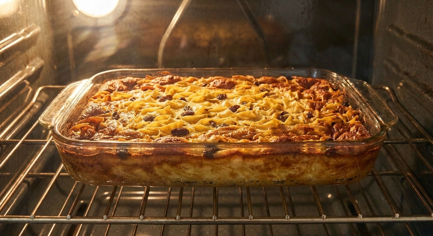 A noodle kugel in a glass baking dish on the oven rack, topping turning golden brown under the oven light
