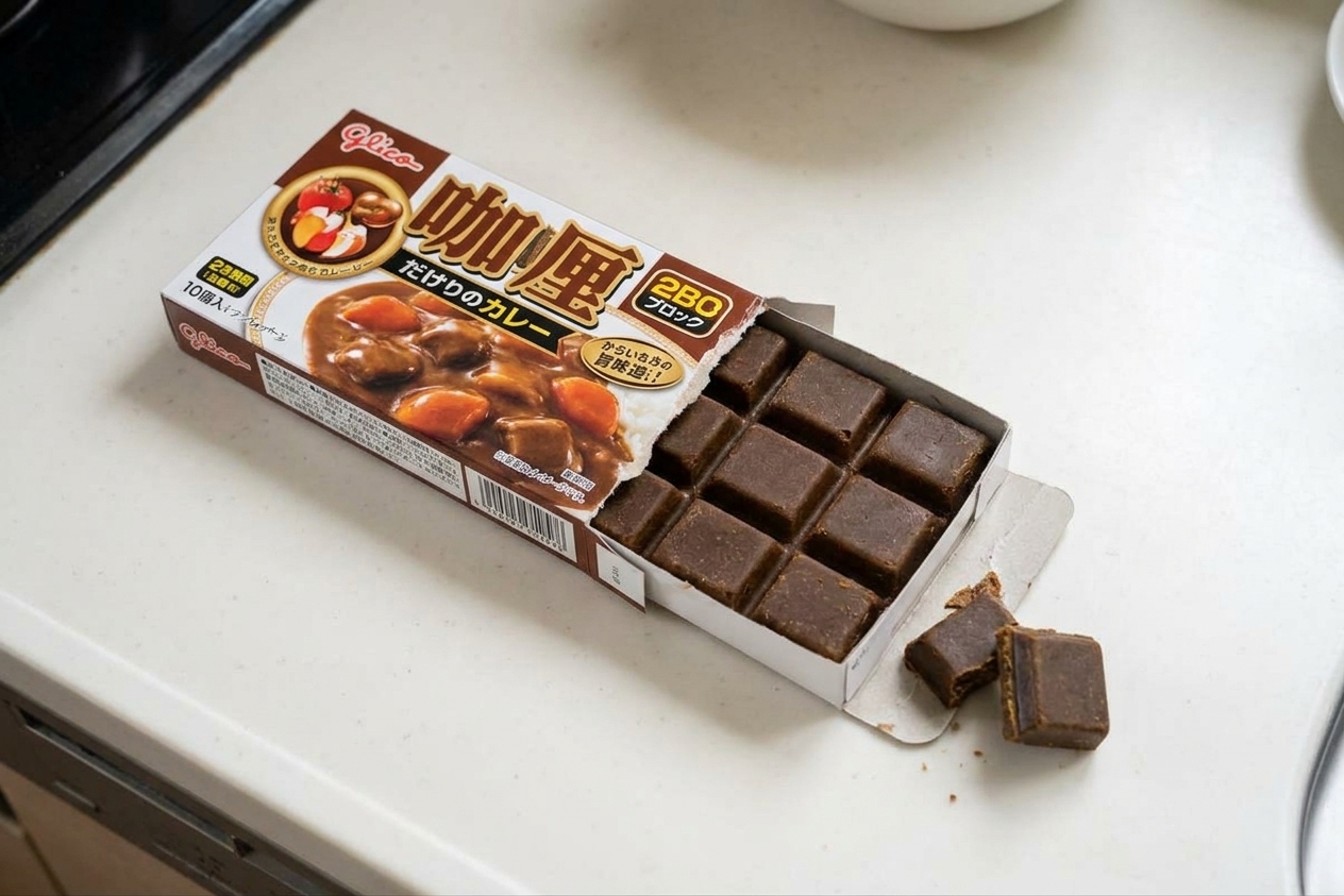 A package of Japanese curry roux blocks opened on a kitchen counter with several roux pieces visible