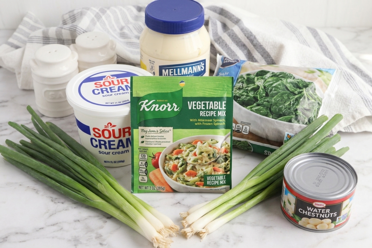 A packet of Knorr vegetable recipe mix on a clean kitchen counter next to sour cream, mayonnaise, frozen spinach, green onions, and water chestnuts
