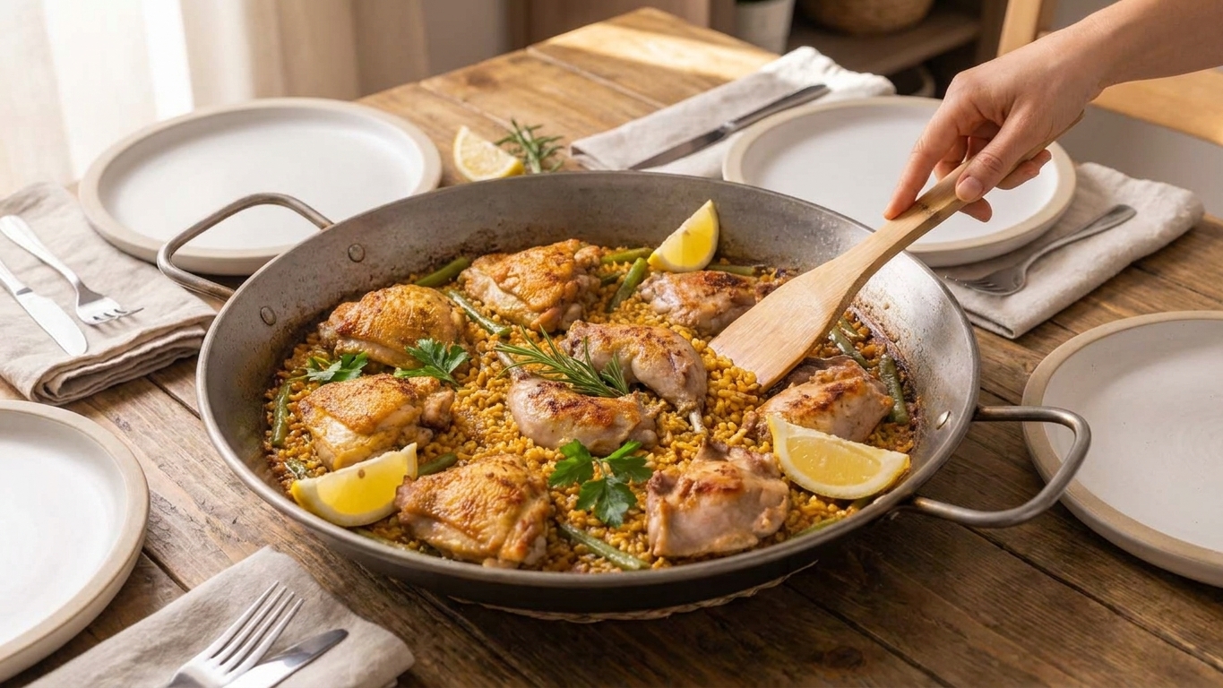 A paella pan set on a wooden table with paella valenciana ready to serve, lemon wedges and simple plates nearby in warm natural light