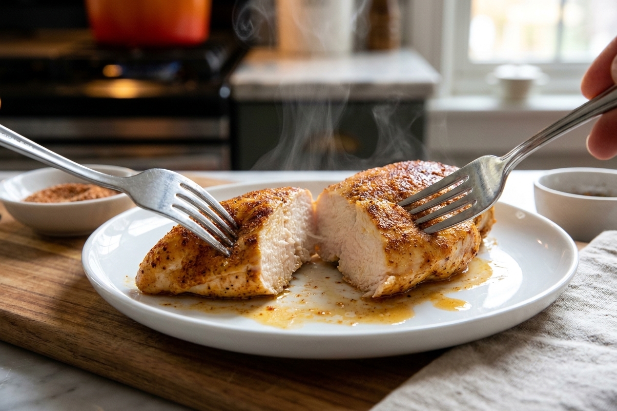 A pair of forks pulling apart a warm cooked chicken breast on a plate, with visible juices and steam in a home kitchen
