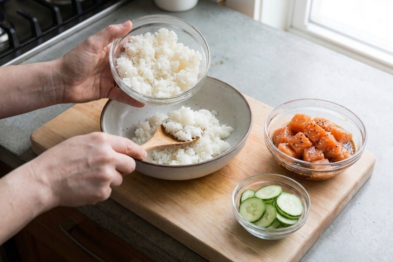 A pair of hands assembling a salmon poke bowl, spooning sushi rice into a bowl and adding marinated salmon and sliced cucumbers on a home kitchen counter