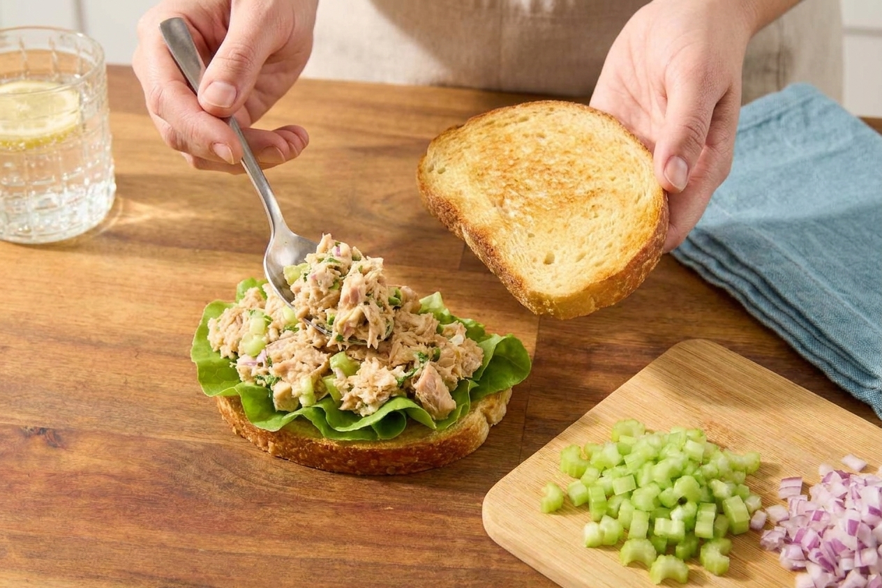 A pair of hands assembling a tuna salad sandwich on toasted bread with lettuce on a kitchen counter